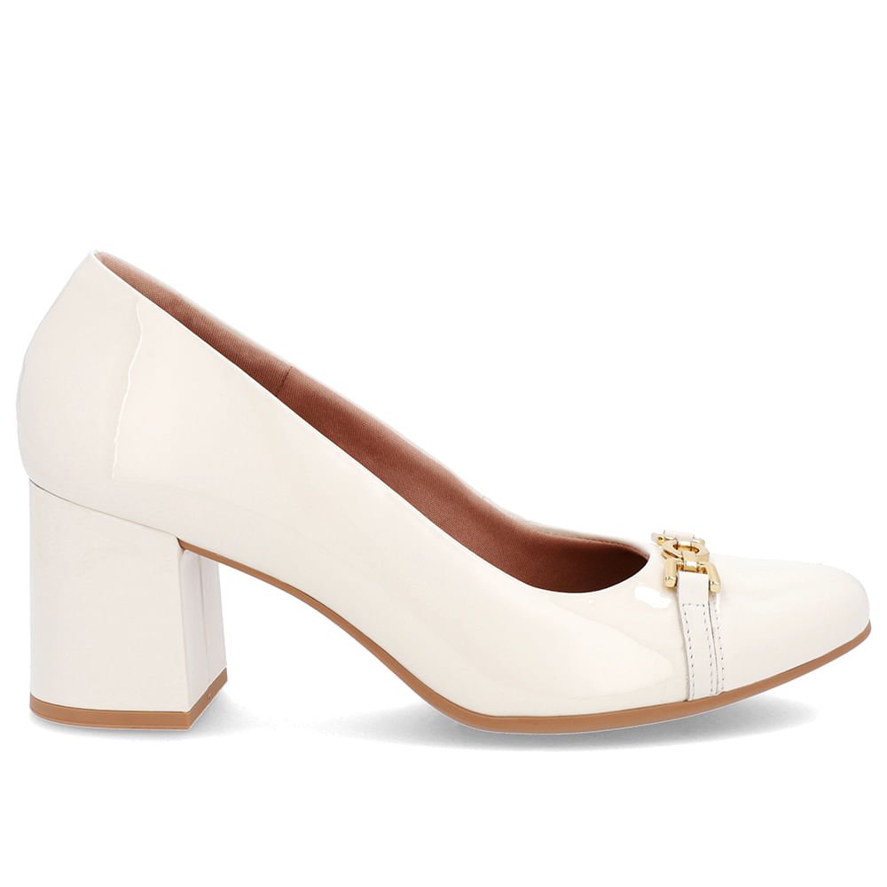 Scarpin Salto Bloco Couro Branco Marfim Detalhe Verniz