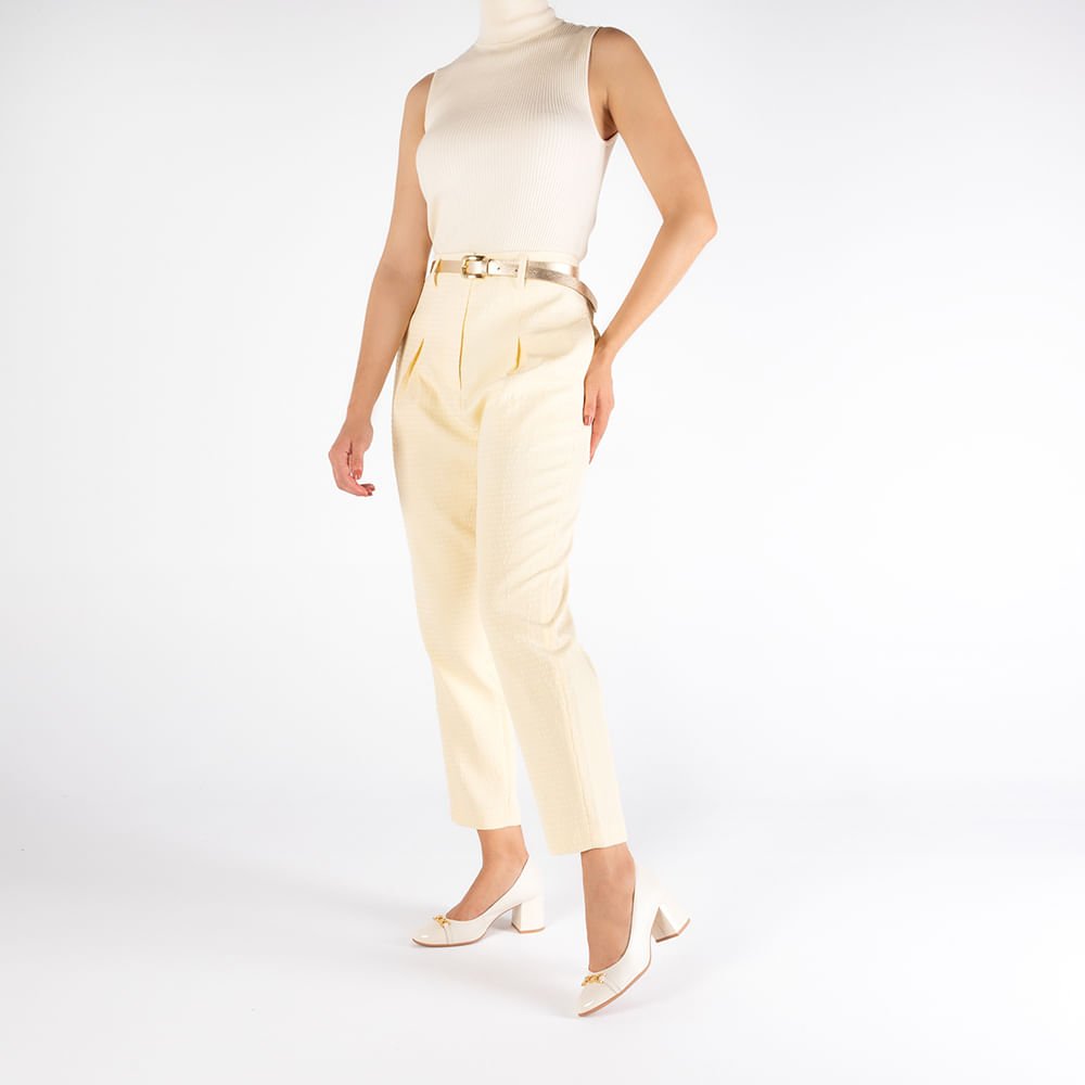 Scarpin Salto Bloco Couro Branco Marfim Detalhe Verniz Branco 4