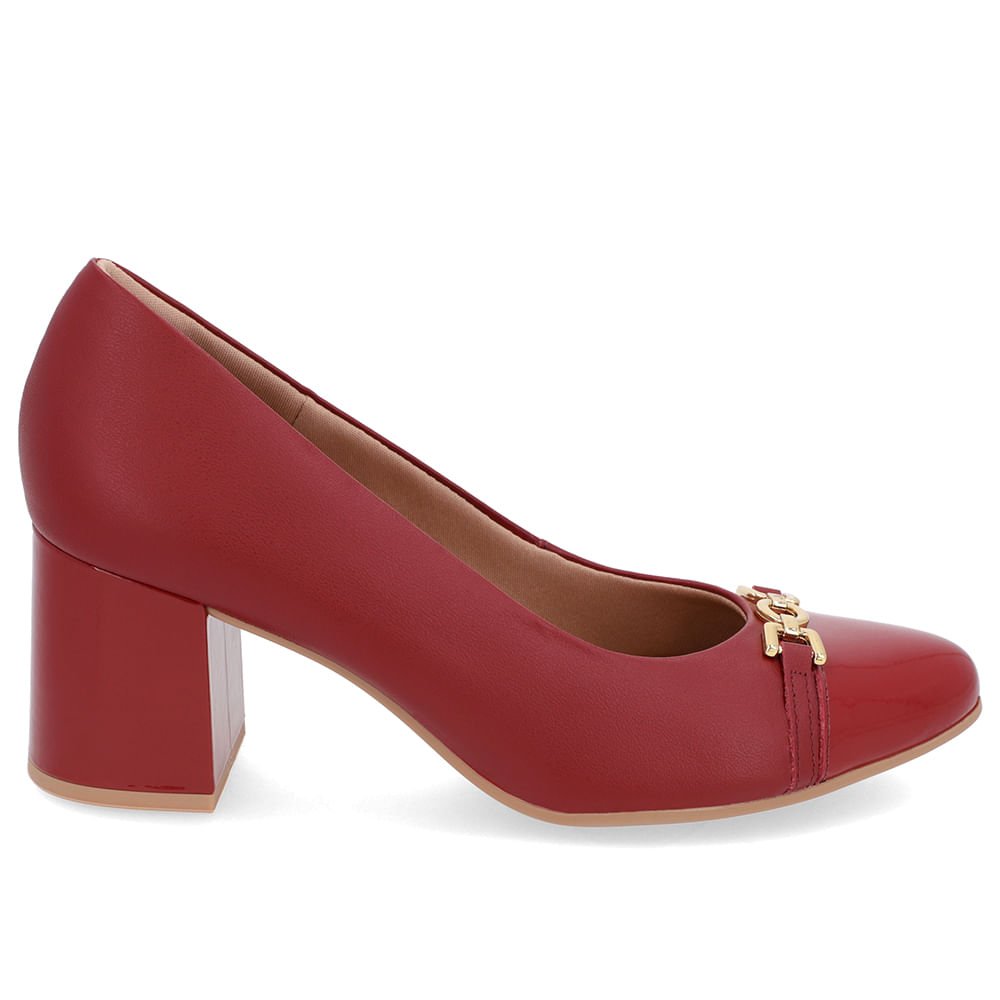 Scarpin Salto Bloco Couro Vermelho Detalhe Verniz