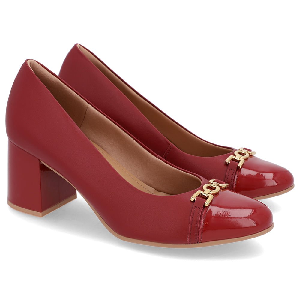 Scarpin Salto Bloco Couro Vermelho Detalhe Verniz Vermelho 2