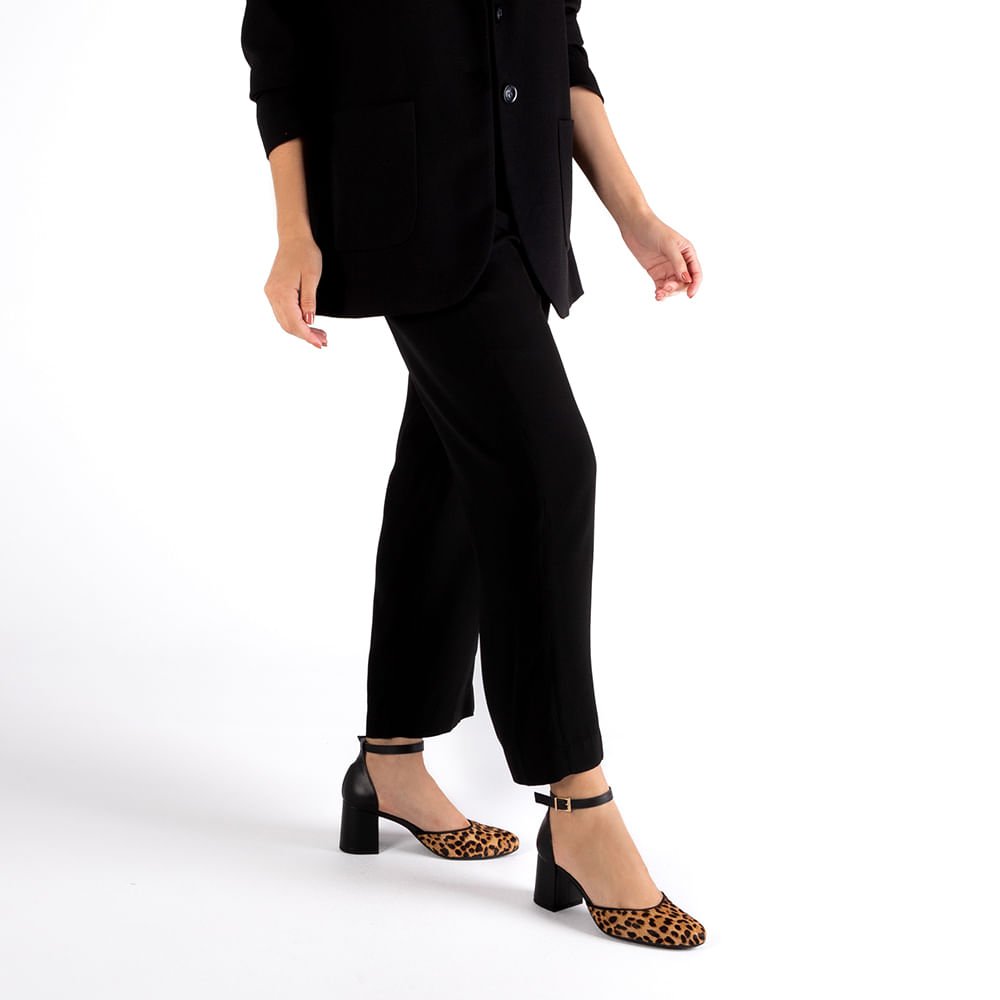 Sapato Boneca Salto Bloco Pelo Animal Print Marrom 4