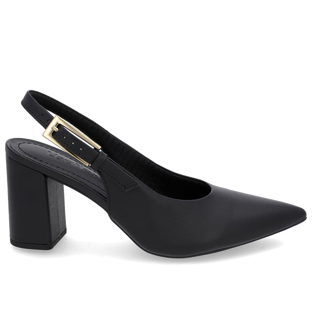 Slingback Casual Preto Salto Bloco Couro