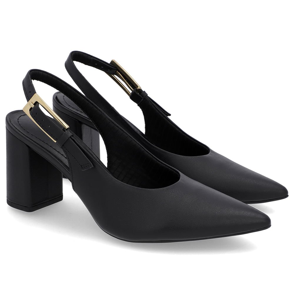 Slingback Casual Preto Salto Bloco Couro Preto 2