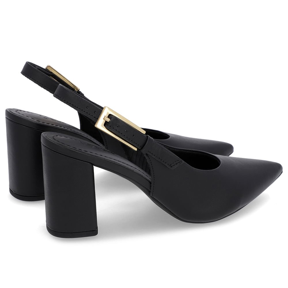 Slingback Casual Preto Salto Bloco Couro Preto 3