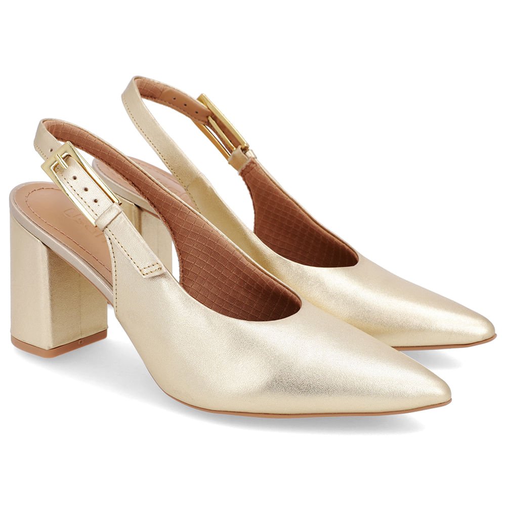 Slingback Casual Dourado Salto Bloco Couro Dourado 2