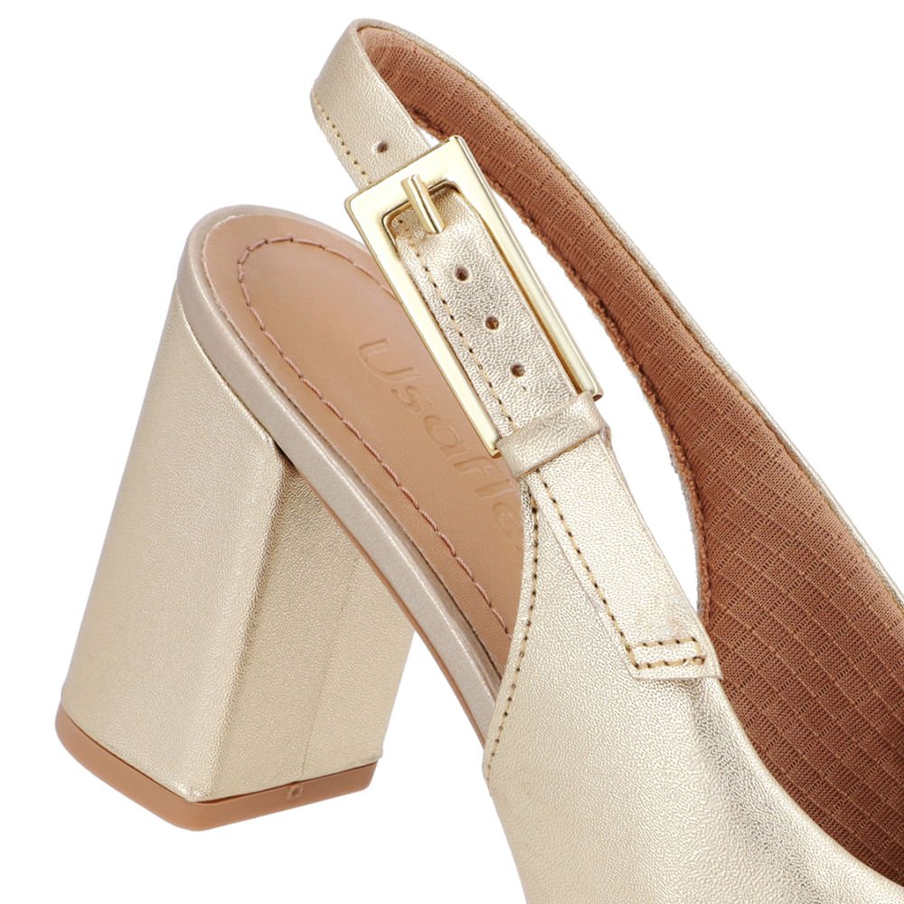 Slingback Casual Dourado Salto Bloco Couro Dourado 4