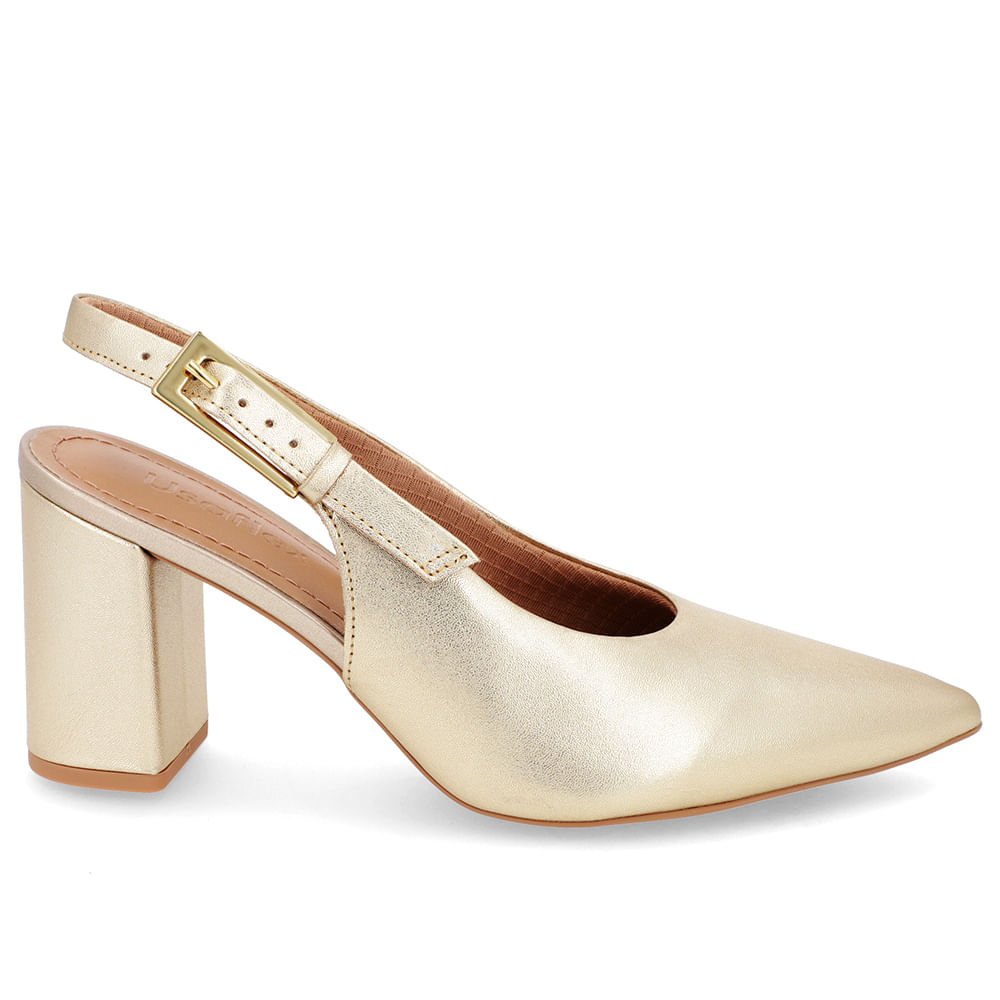 Slingback Casual Dourado Salto Bloco Couro