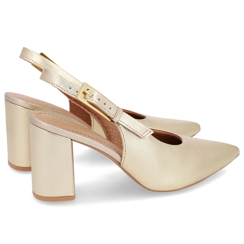 Slingback Casual Dourado Salto Bloco Couro Dourado 3
