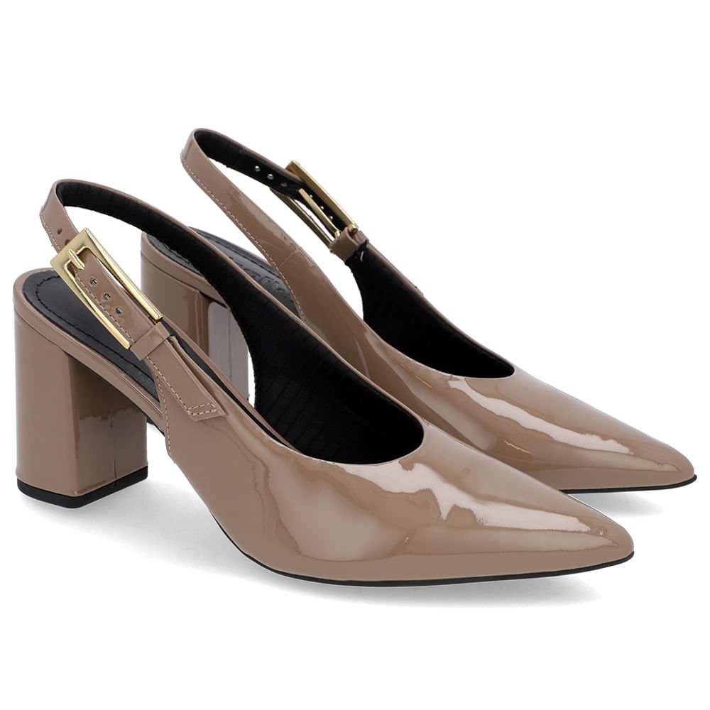 Slingback Casual Marrom Salto Bloco Verniz