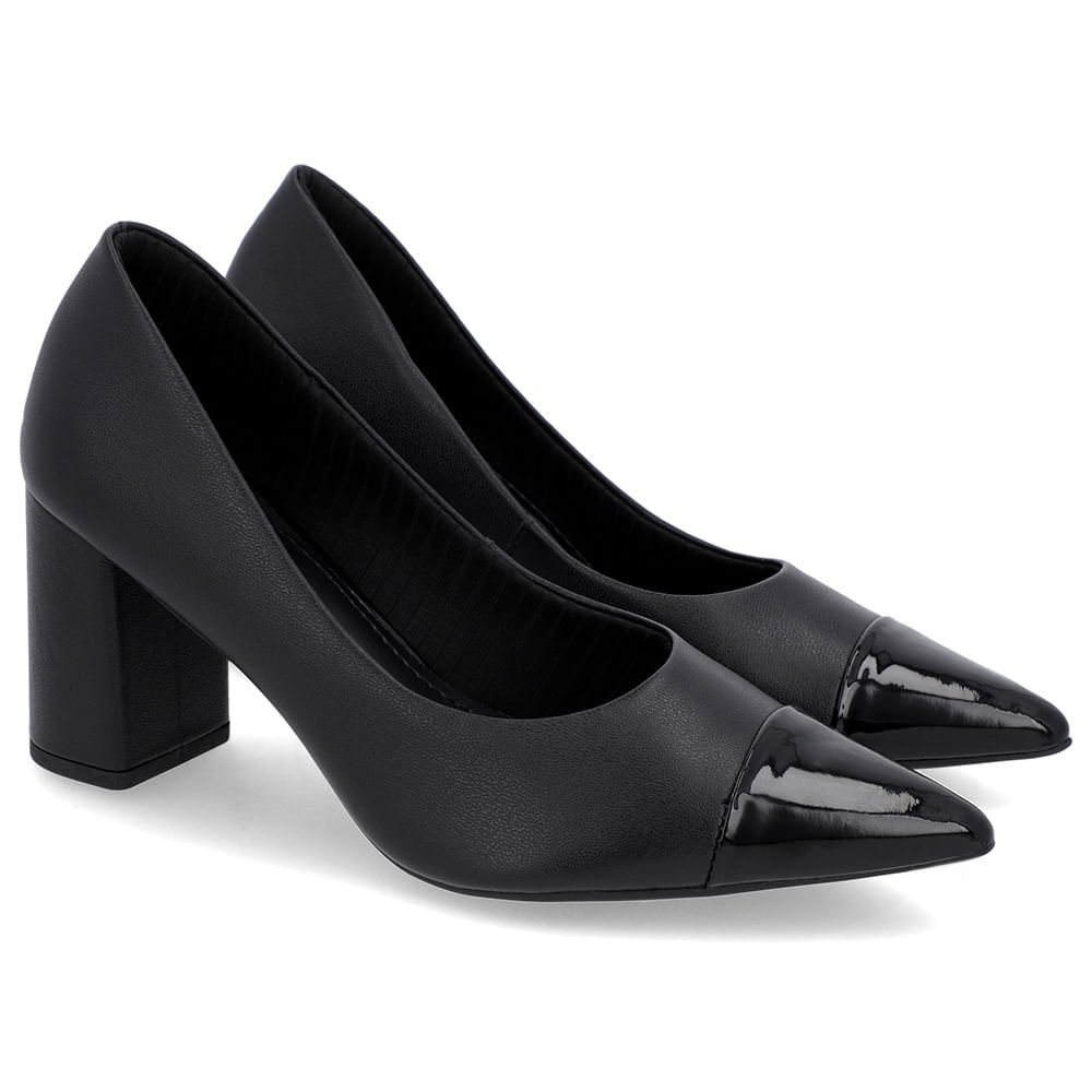 Scarpin Salto Bloco Couro Preto Bico Fino Verniz Preto 2