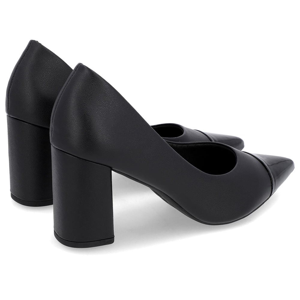 Scarpin Salto Bloco Couro Preto Bico Fino Verniz Preto 3