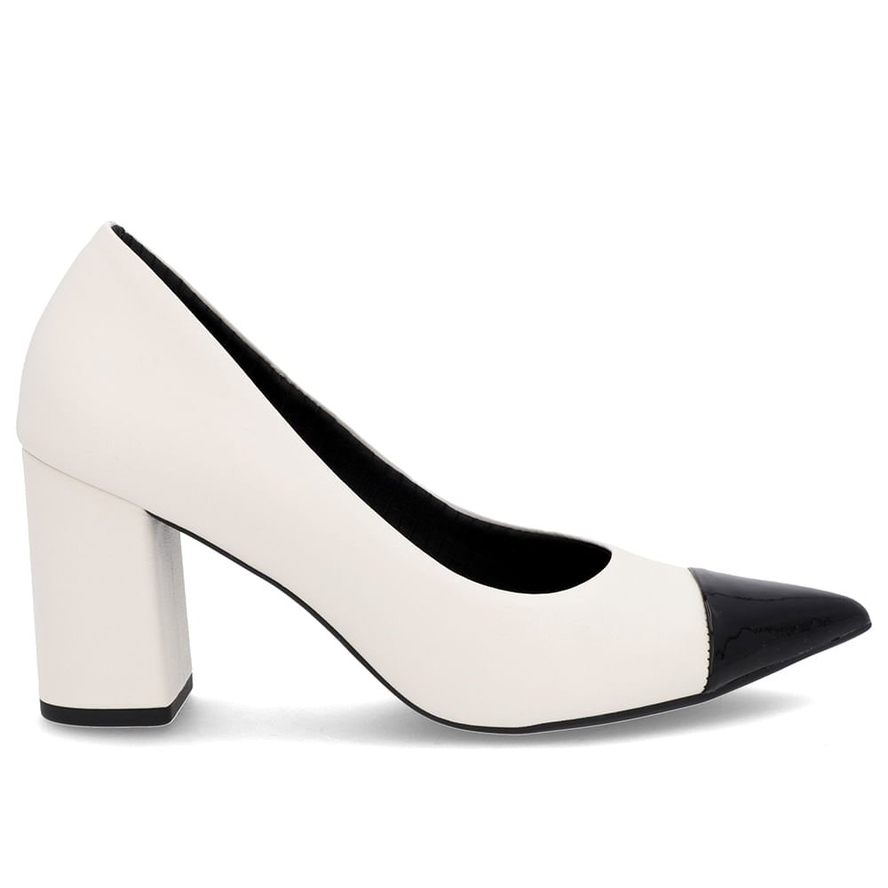 Scarpin Salto Bloco Couro Branco Marfim Bico Fino Verniz
