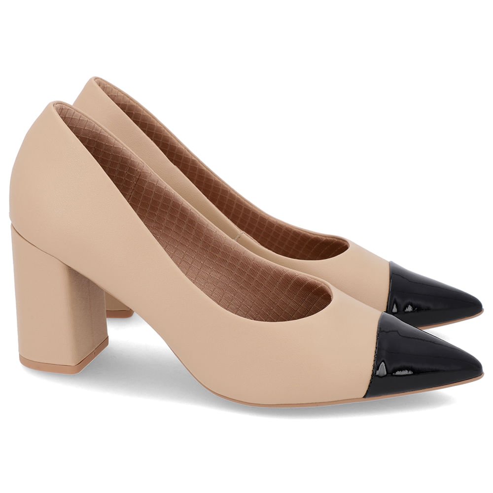 Scarpin Salto Bloco Couro Bege Bico Fino Verniz Bege 2