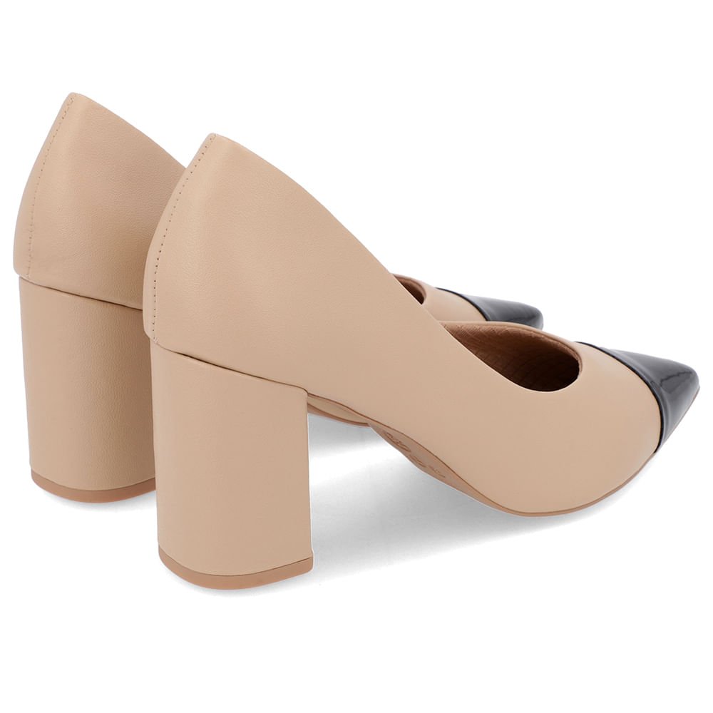 Scarpin Salto Bloco Couro Bege Bico Fino Verniz Bege 3