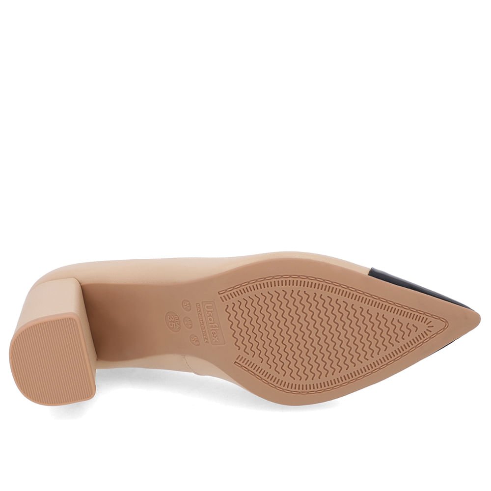 Scarpin Salto Bloco Couro Bege Bico Fino Verniz Bege 5