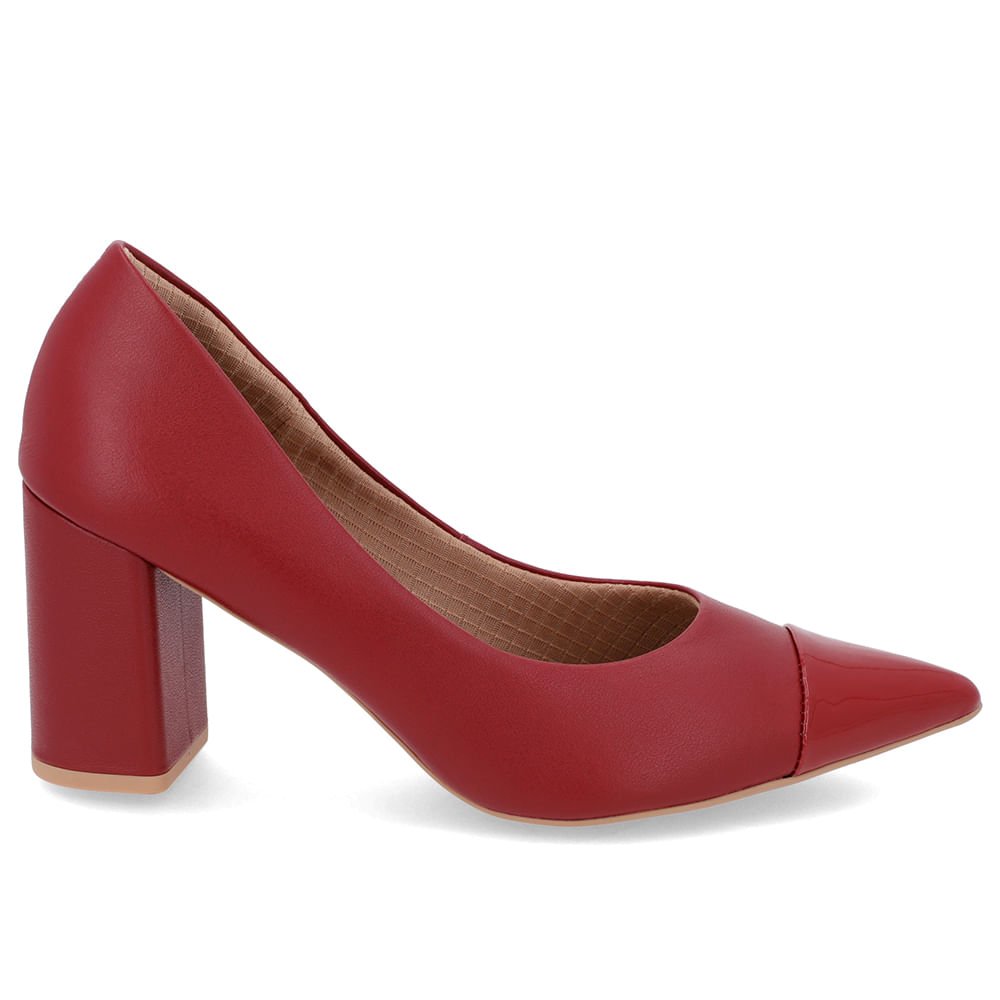Scarpin Salto Bloco Couro Vermelho Bico Fino Verniz