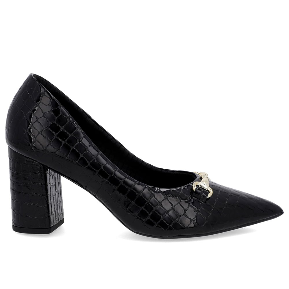 Scarpin Salto Bloco Verniz Preto Bridão Bico Fino