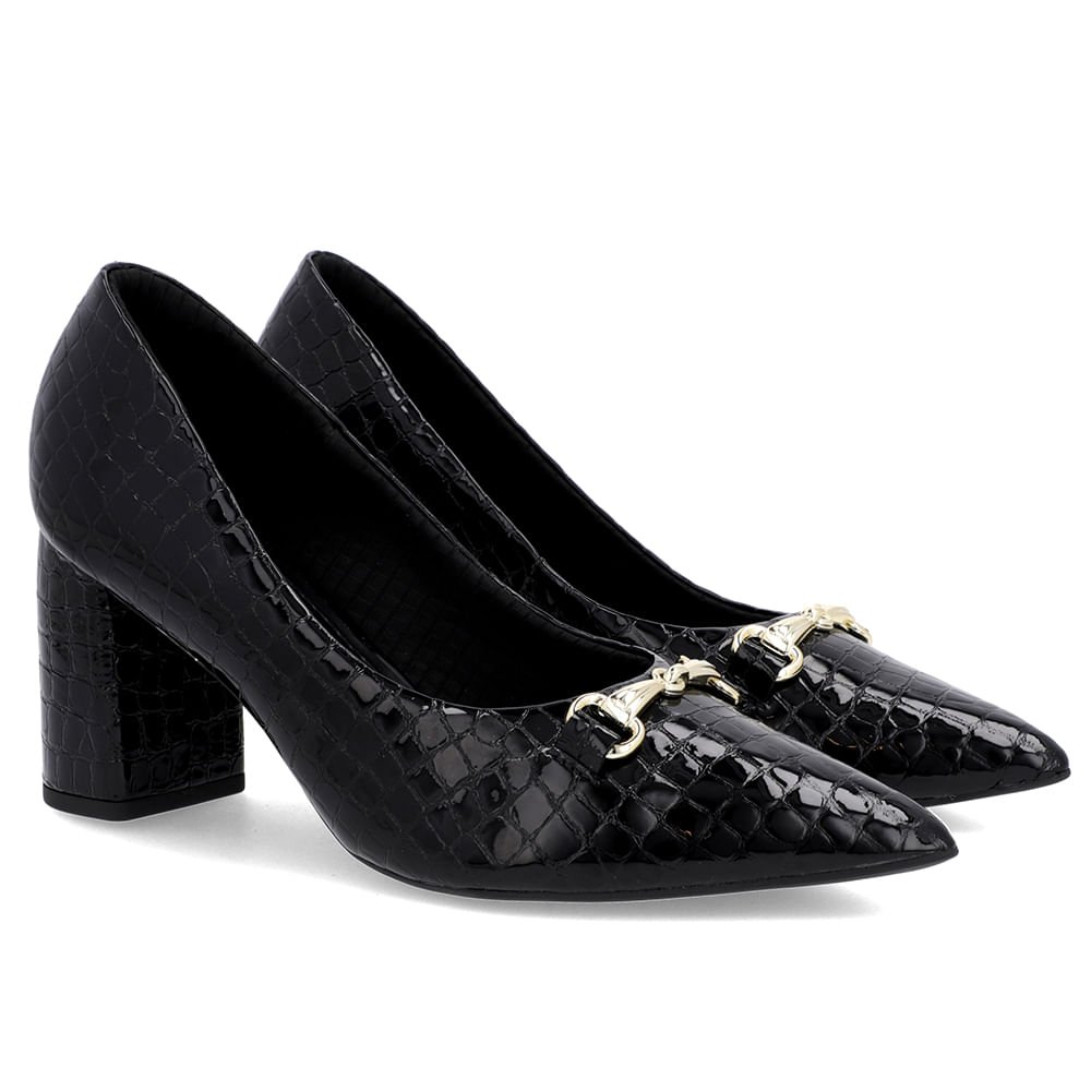 Scarpin Salto Bloco Verniz Preto Bridão Bico Fino Preto 2