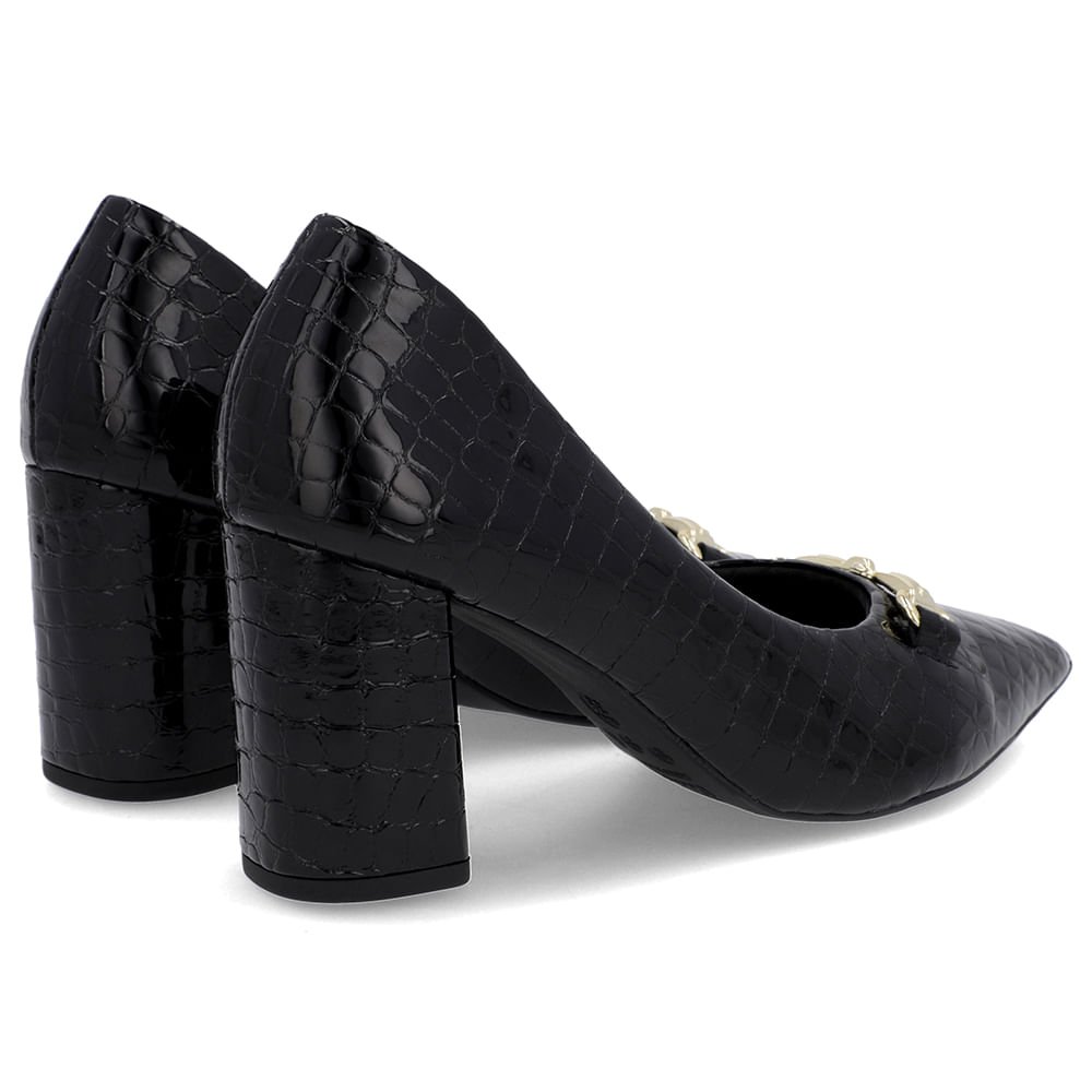Scarpin Salto Bloco Verniz Preto Bridão Bico Fino Preto 3