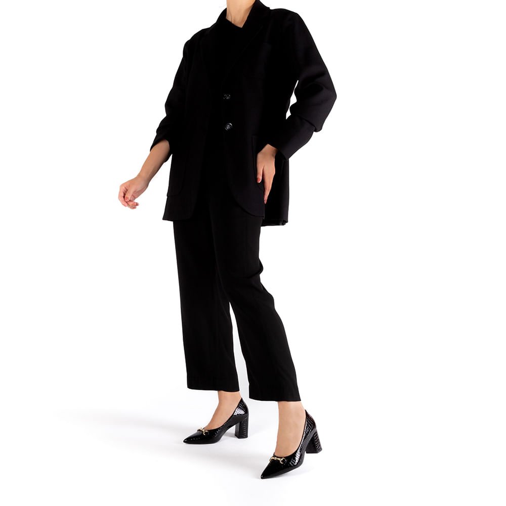 Scarpin Salto Bloco Verniz Preto Bridão Bico Fino Preto 4