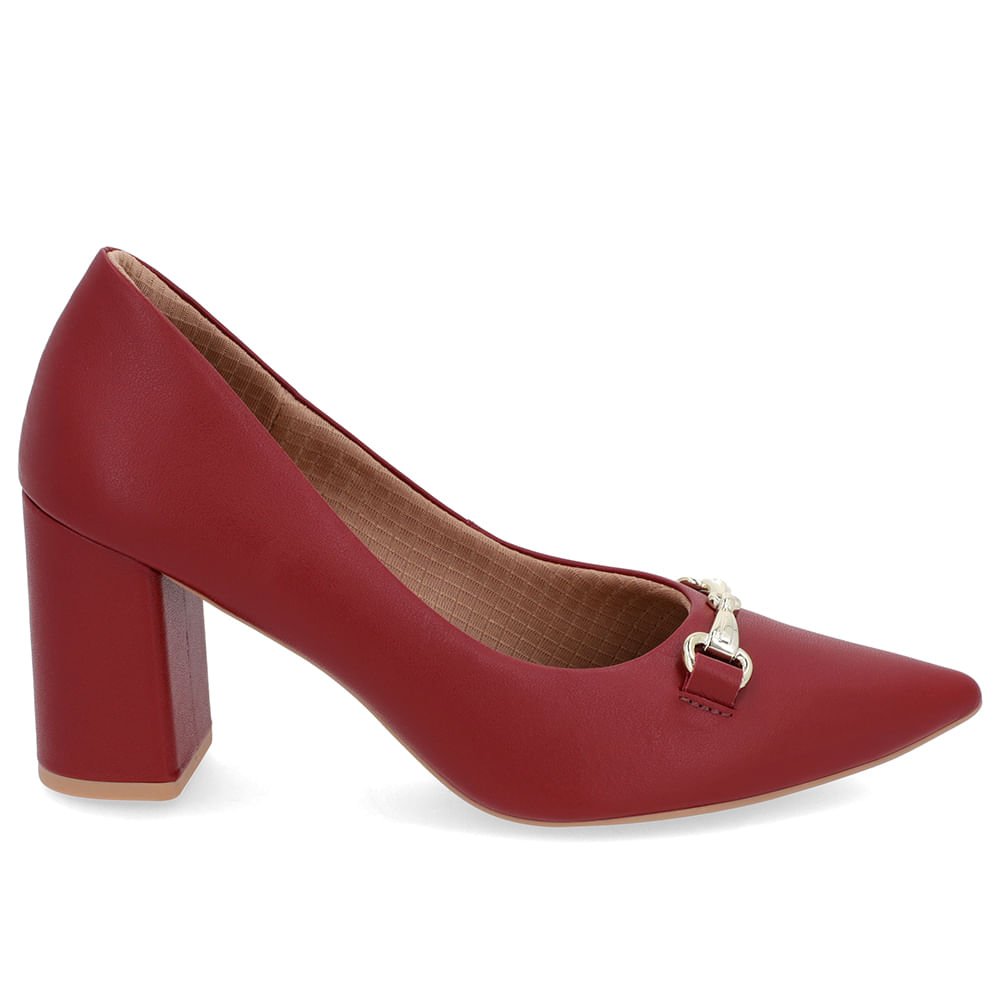 Scarpin Salto Bloco Couro Vermelho Bridão Bico Fino