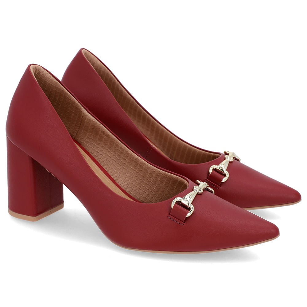 Scarpin Salto Bloco Couro Vermelho Bridão Bico Fino Vermelho 2
