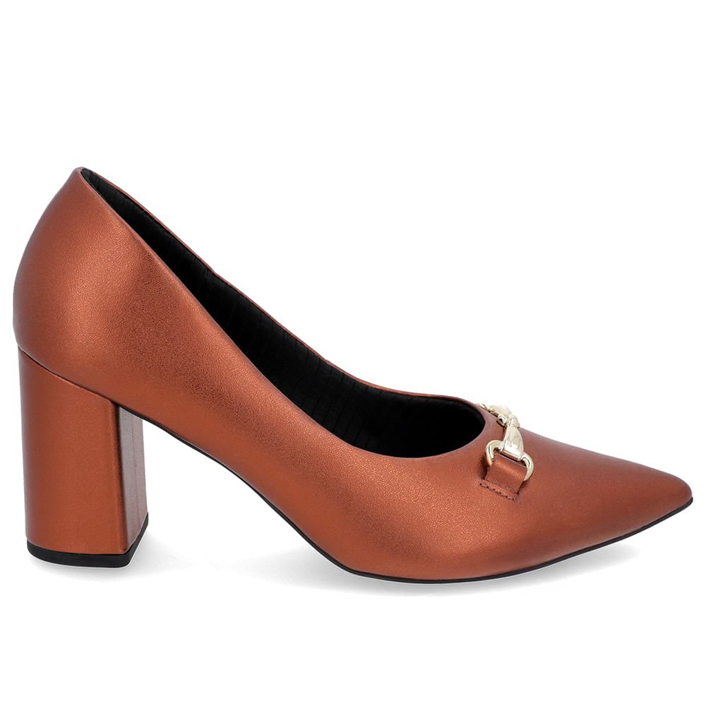 Scarpin Salto Bloco Couro Cobre Bridão Bico Fino