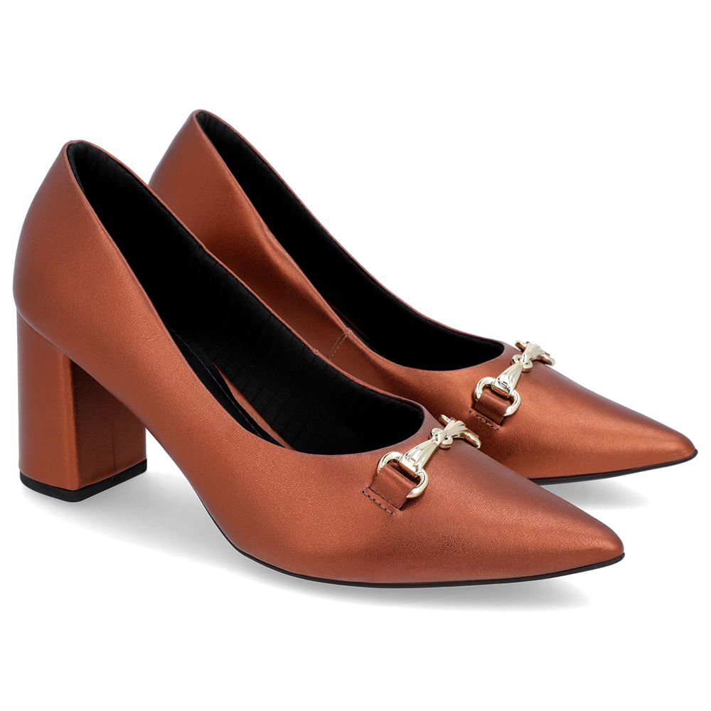 Scarpin Salto Bloco Couro Cobre Bridão Bico Fino Marrom 2