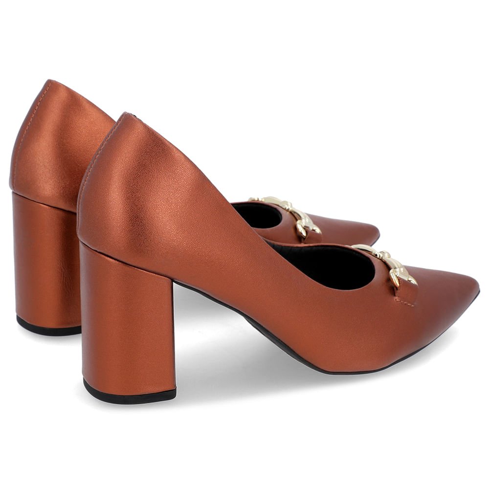 Scarpin Salto Bloco Couro Cobre Bridão Bico Fino Marrom 3