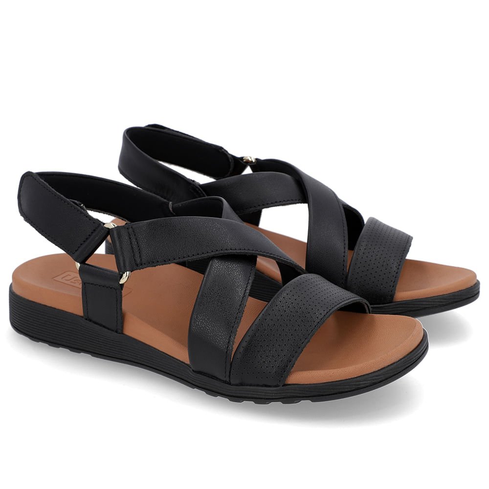 Sandália Tiras Couro Preta Ajuste Fecho-Flex Preto 2