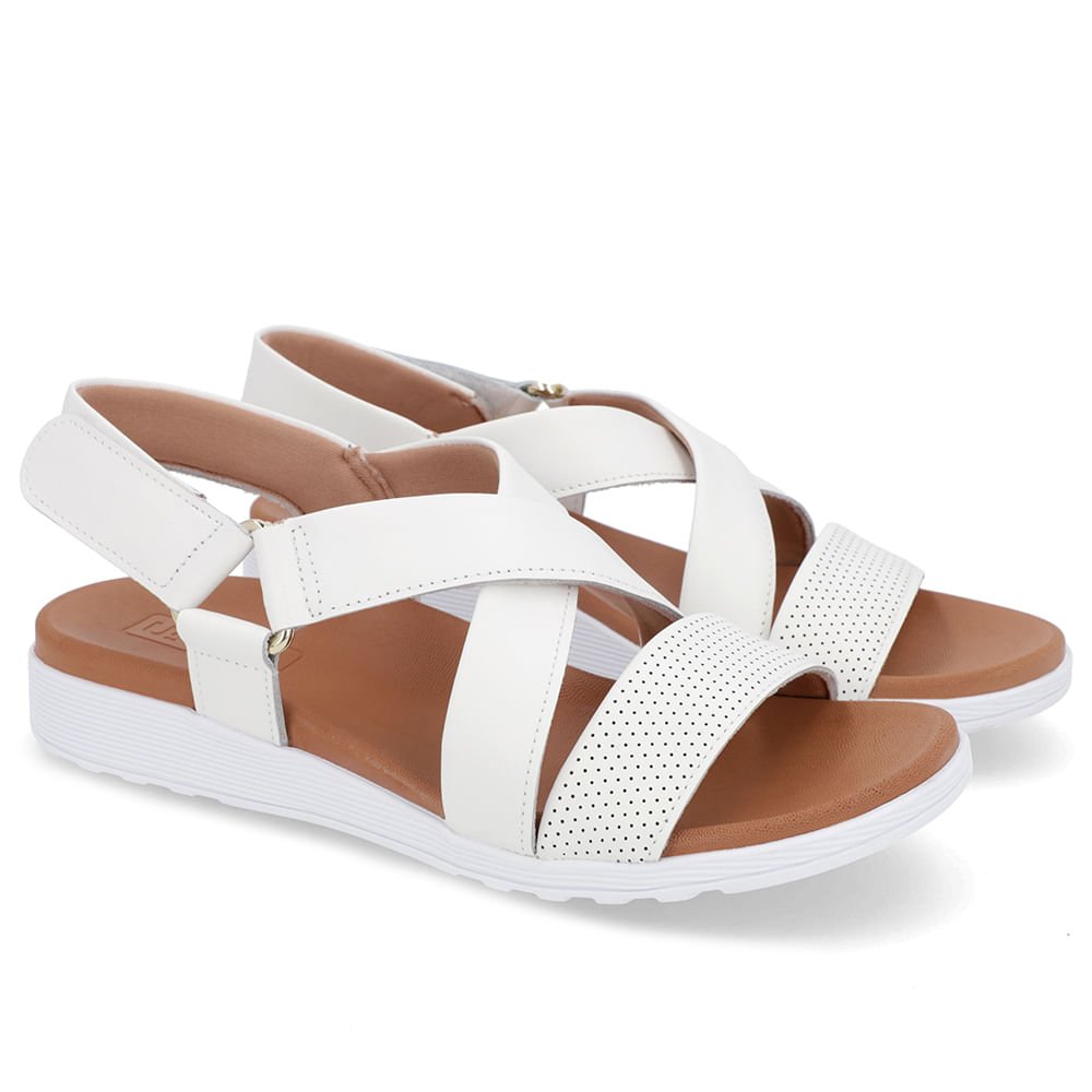 Sandália Tiras Couro Branca Ajuste Fecho-Flex Branco 2