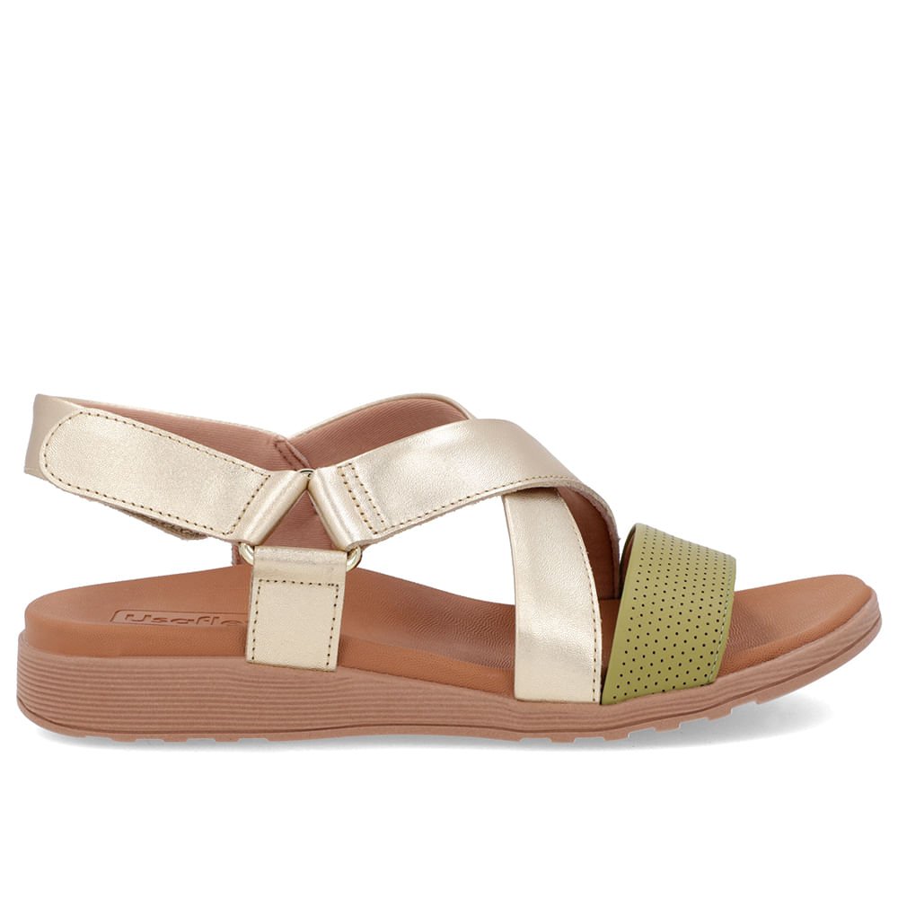 Sandália Tiras Couro Dourado Ajuste Fecho-Flex