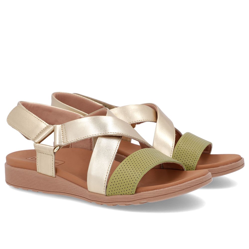 Sandália Tiras Couro Dourado Ajuste Fecho-Flex Dourado 2