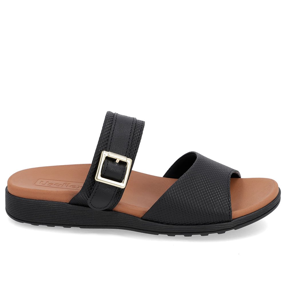 Slide Preto Couro Plataforma Fivela