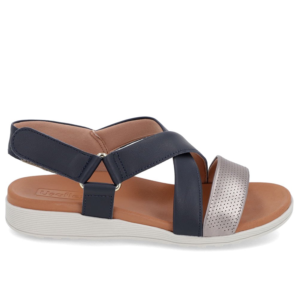 Sandália Tiras Couro Azul Ajuste Fecho-Flex