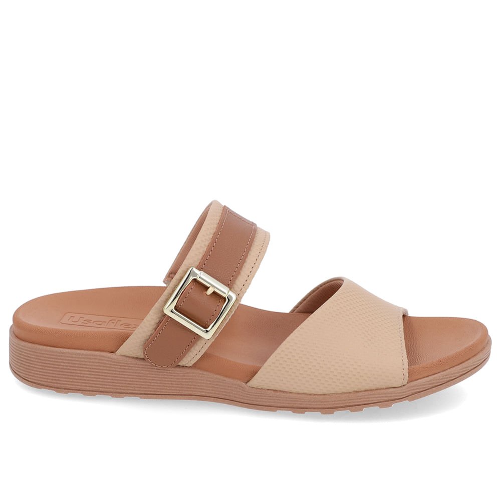 Slide Bege Couro Plataforma Fivela