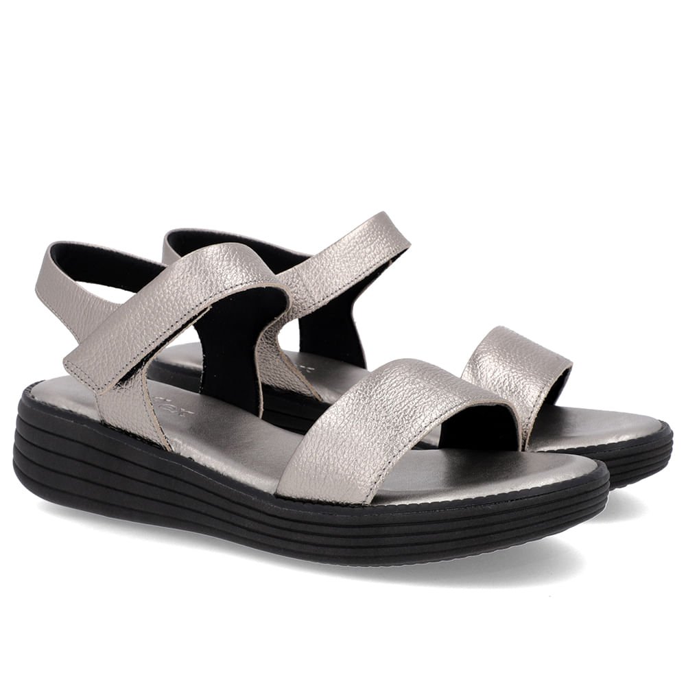 Sandália Casual Couro Aço Sola Preta Prata 2
