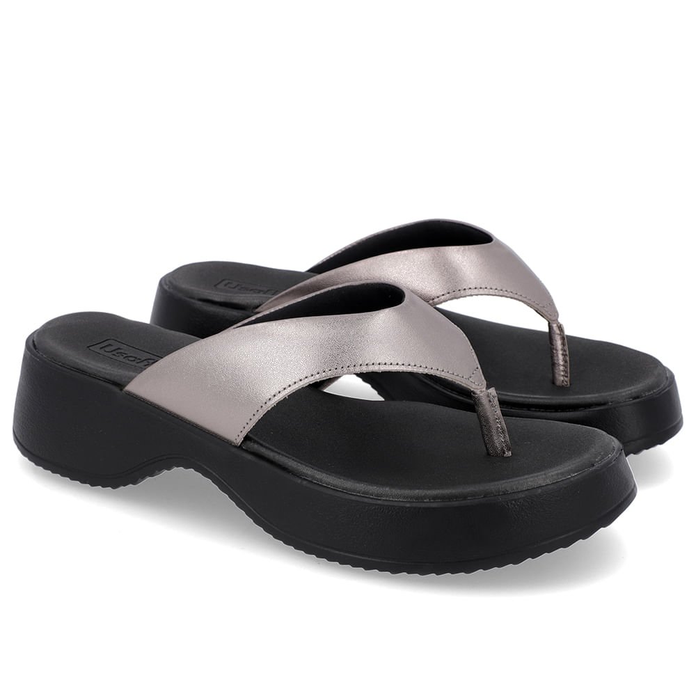 Chinelo Salto Plataforma Couro Aço Cinza 2