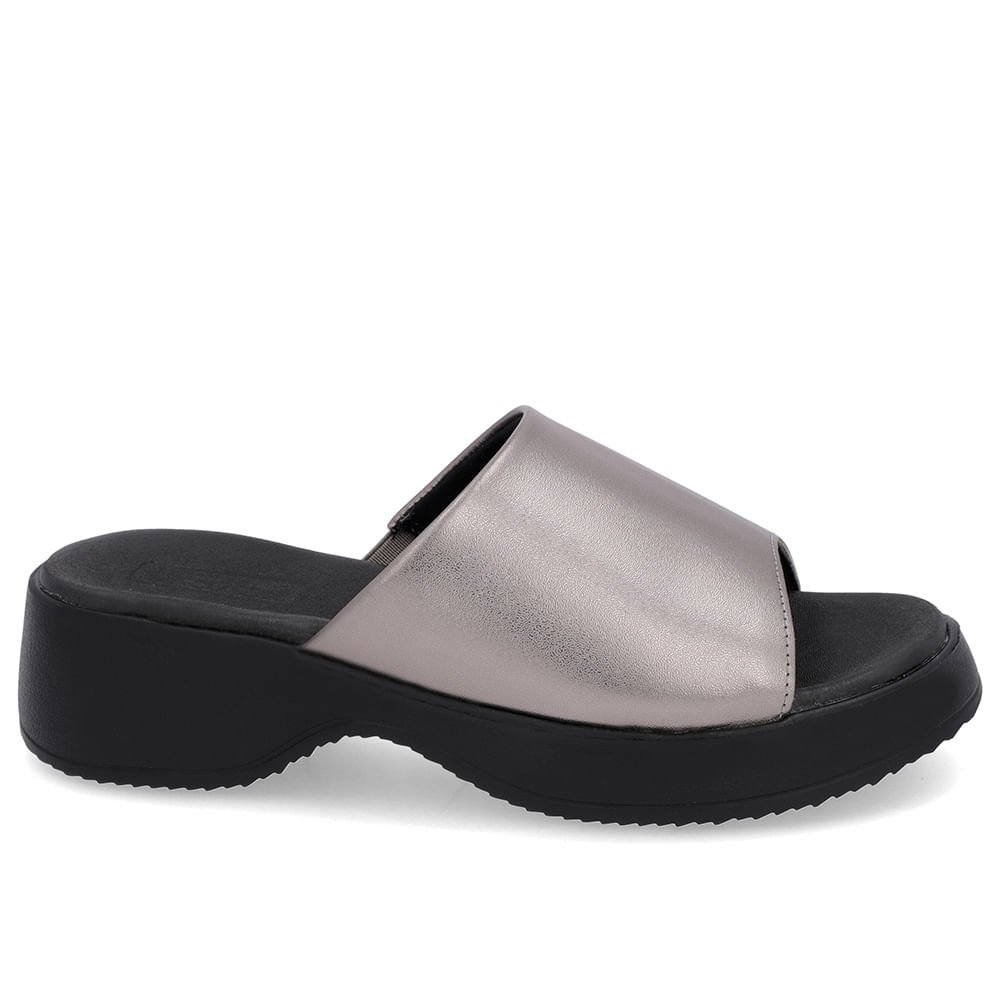 Tamanco Salto Plataforma Couro Metalizado Aço