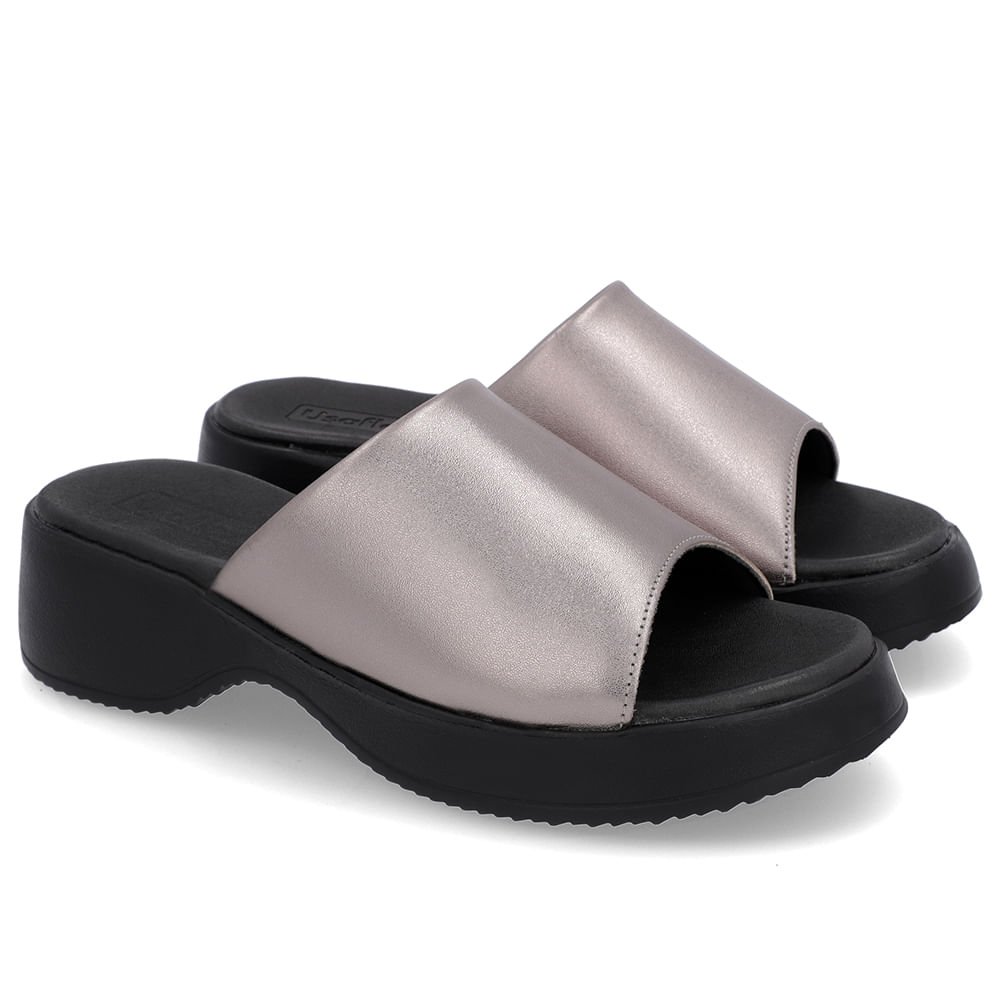 Tamanco Salto Plataforma Couro Metalizado Aço Cinza 2