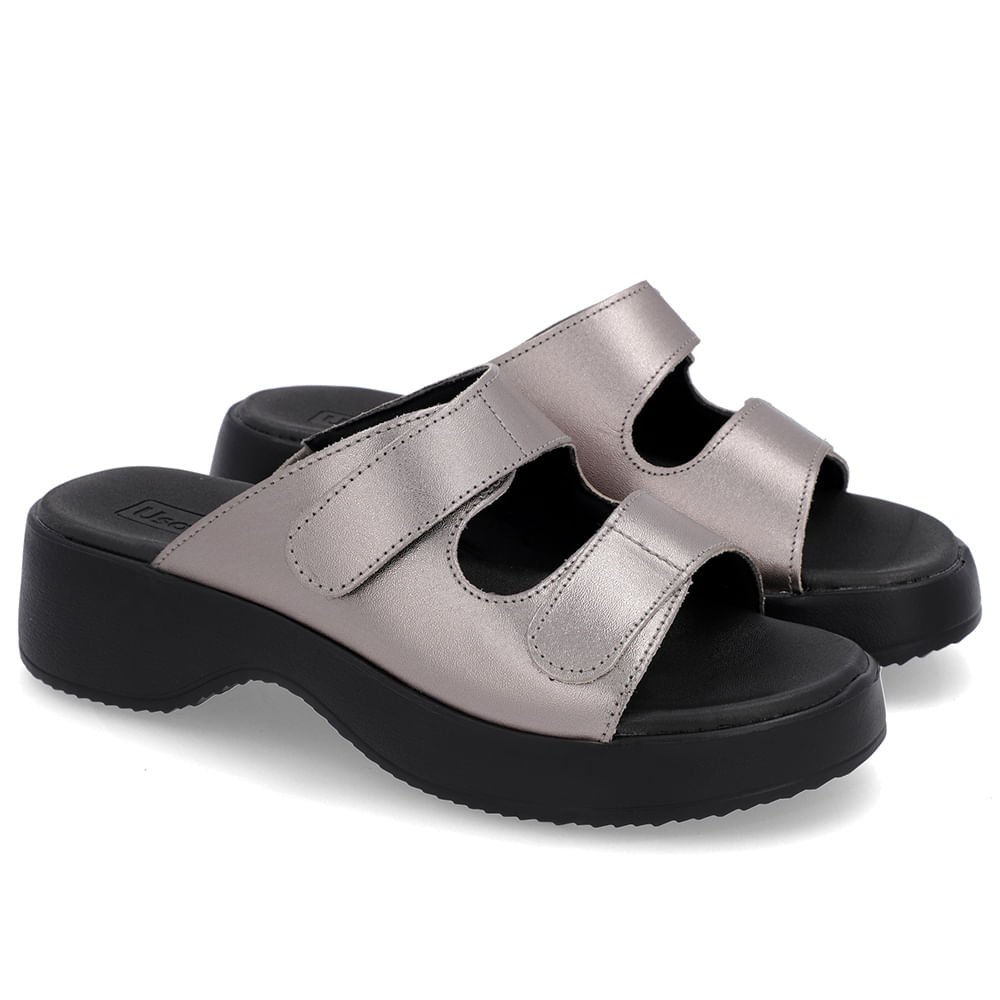 Tamanco Salto Plataforma Couro Aço Fecho-Flex Cinza 2