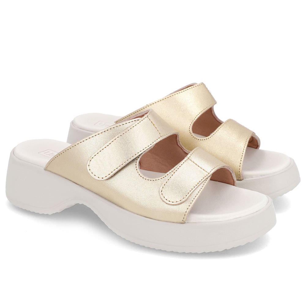 Tamanco Salto Plataforma Couro Dourado Fecho-Flex Dourado 2