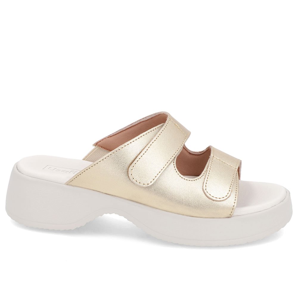 Tamanco Salto Plataforma Couro Dourado Fecho-Flex