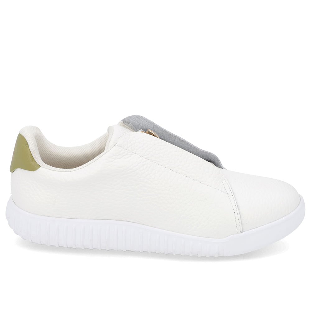 Tênis Casual Branco Couro Zíper Detalhe Verde