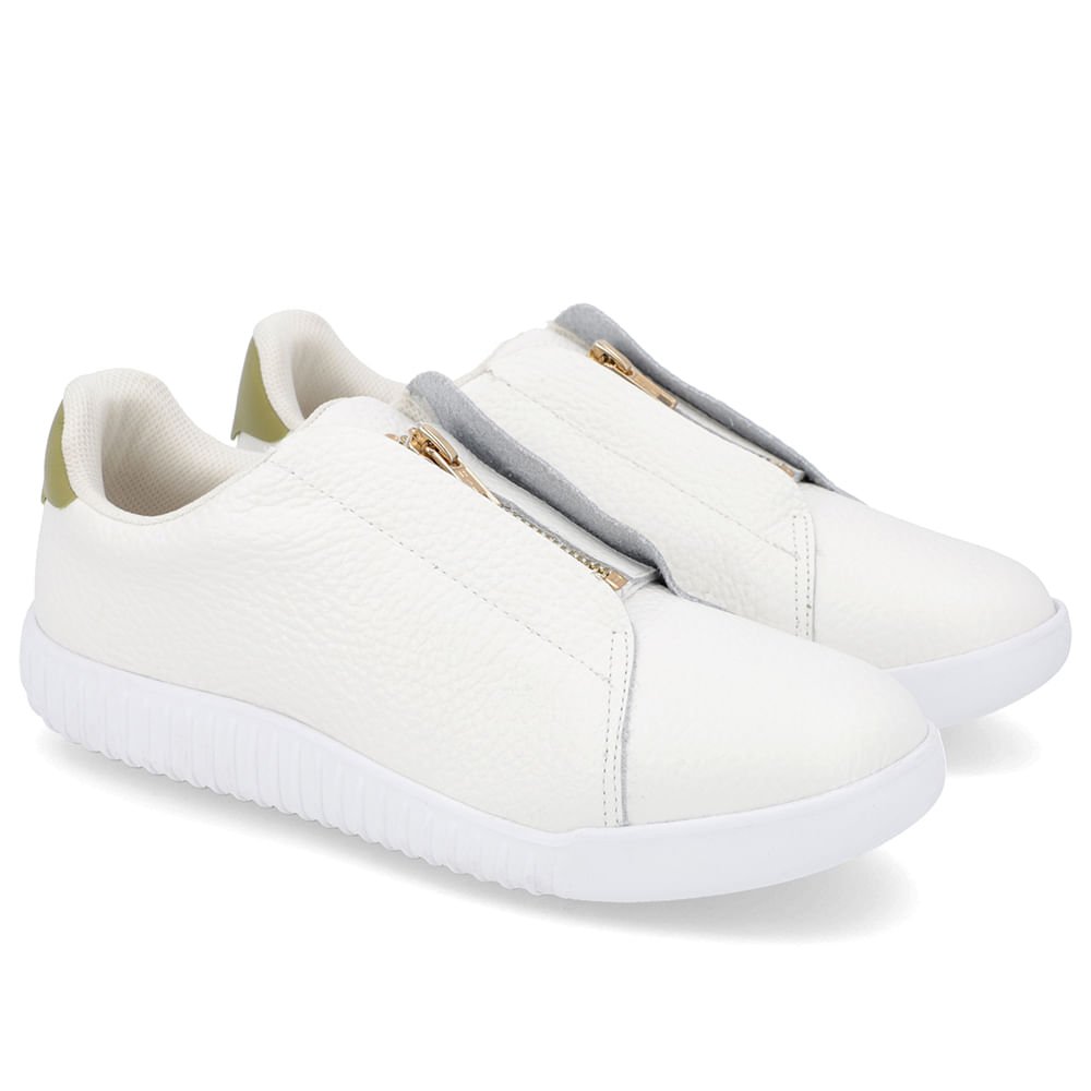 Tênis Casual Branco Couro Zíper Detalhe Verde Verde 2