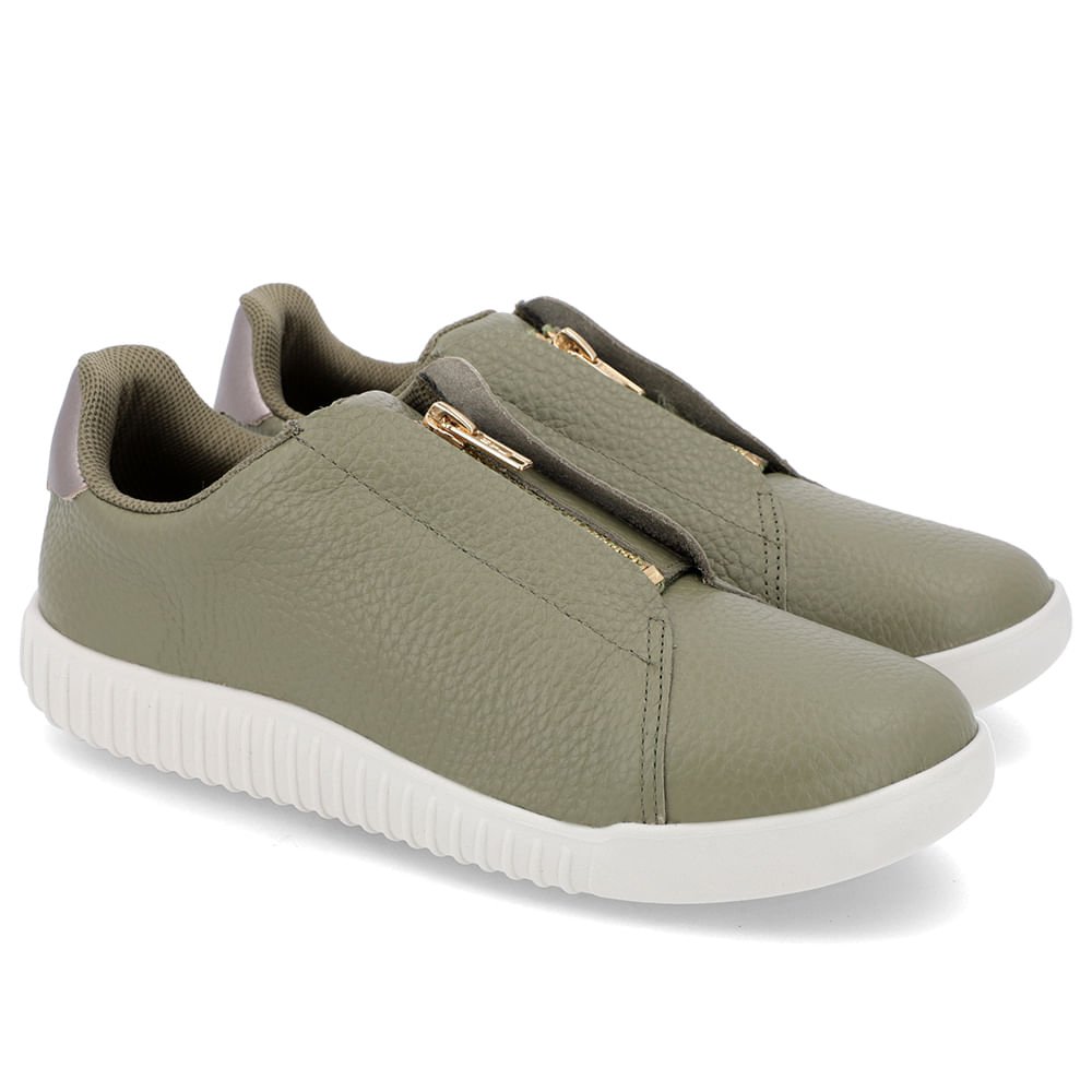 Tênis Casual Verde Couro Zíper Detalhe Aço Verde 2