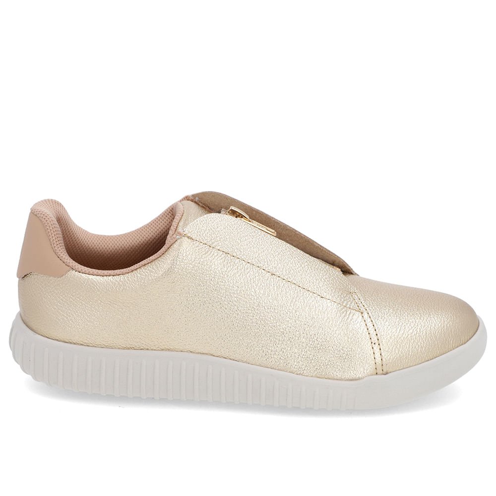 Tênis Casual Dourado Couro Zíper Detalhe Bege