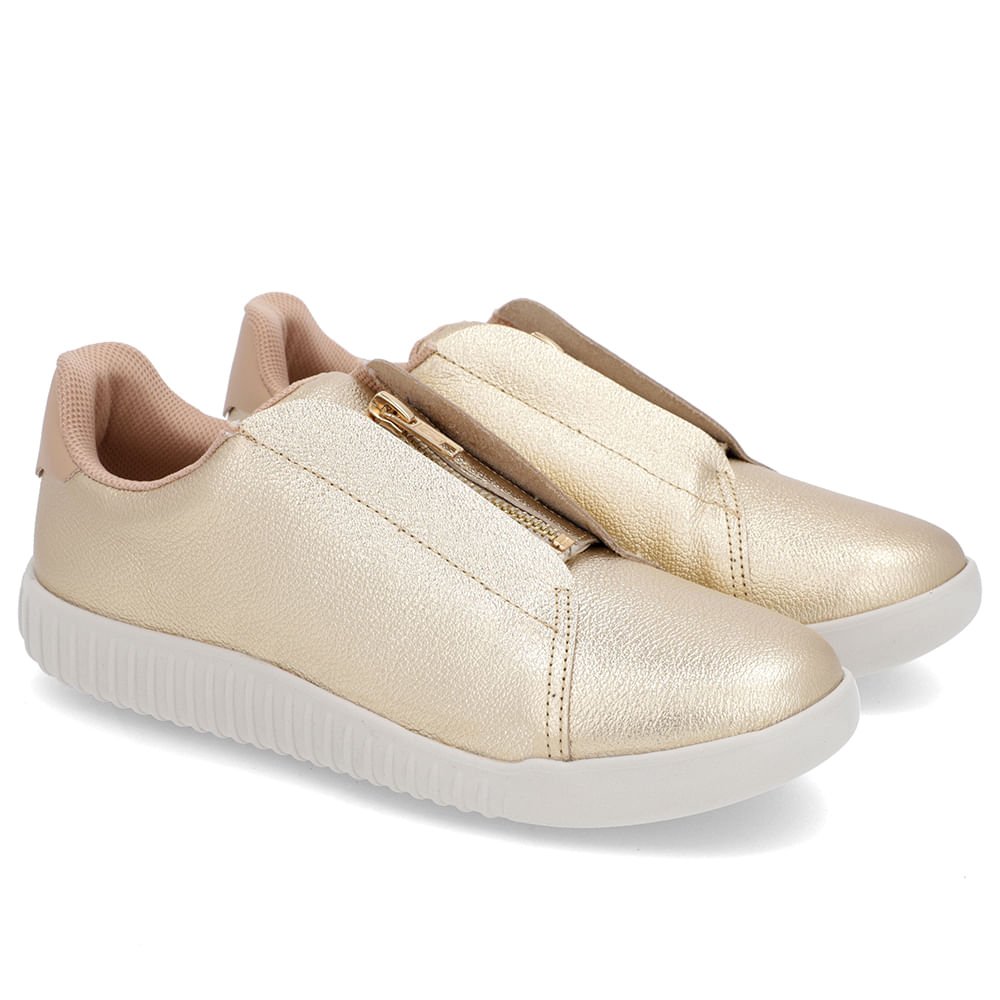 Tênis Casual Dourado Couro Zíper Detalhe Bege Dourado 2