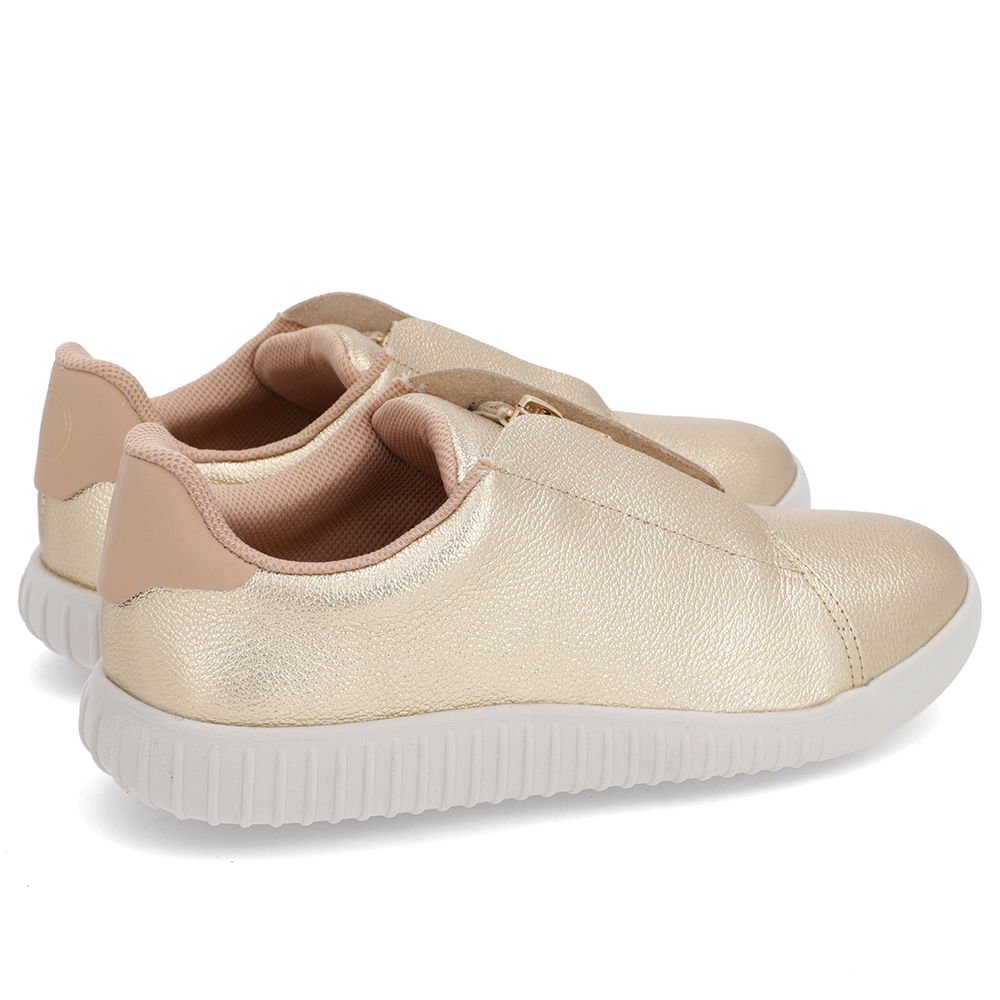 Tênis Casual Dourado Couro Zíper Detalhe Bege Dourado 3