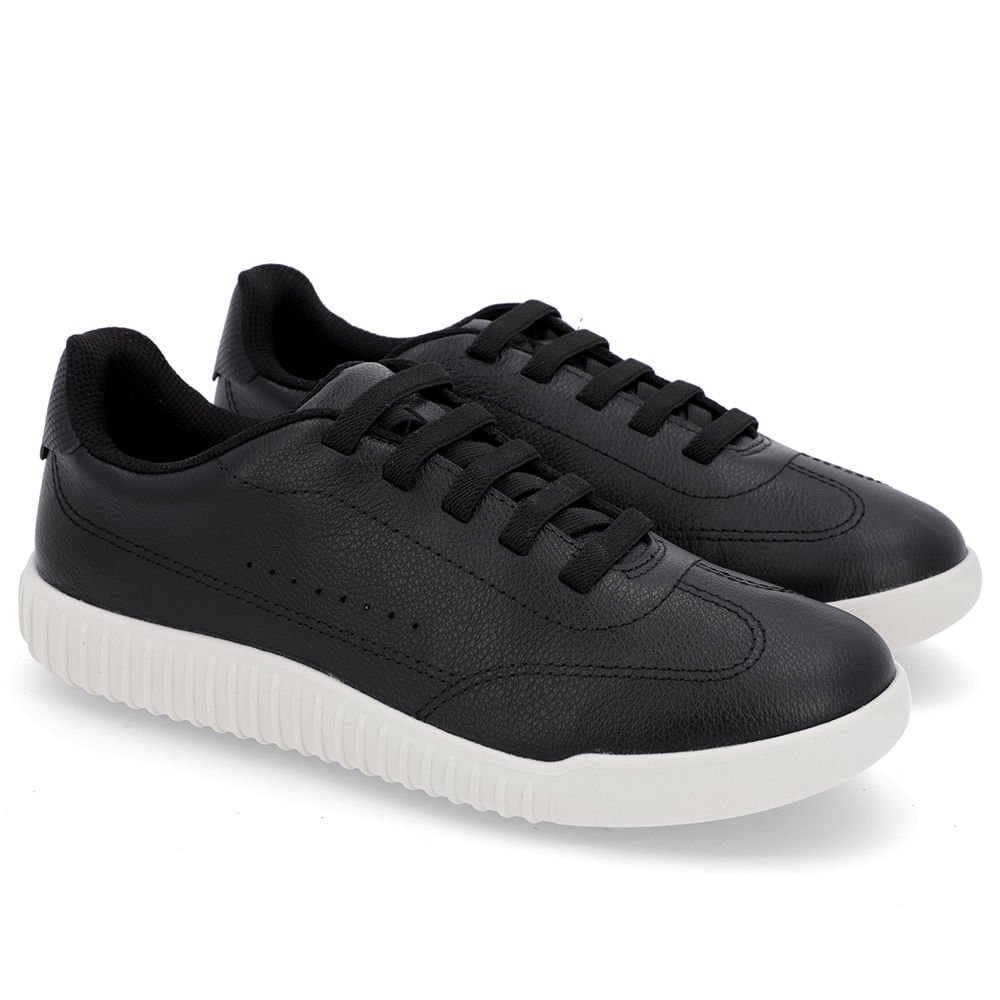 Tênis Casual Preto Couro Cadarço Elástico Preto 2